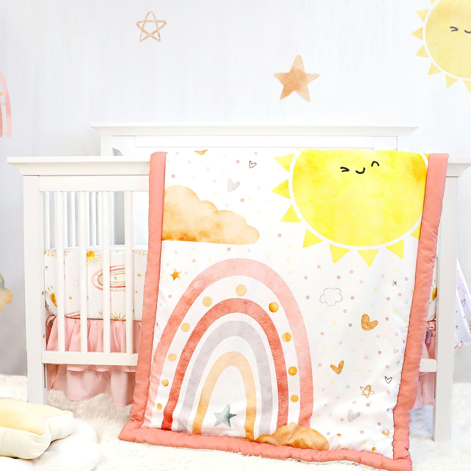Juego de ropa de cama de cuna de 4 piezas para niñas, incluye edredón, sábana bajera ajustable, falda de cuna y apilador de pañales, arcoíris rosa