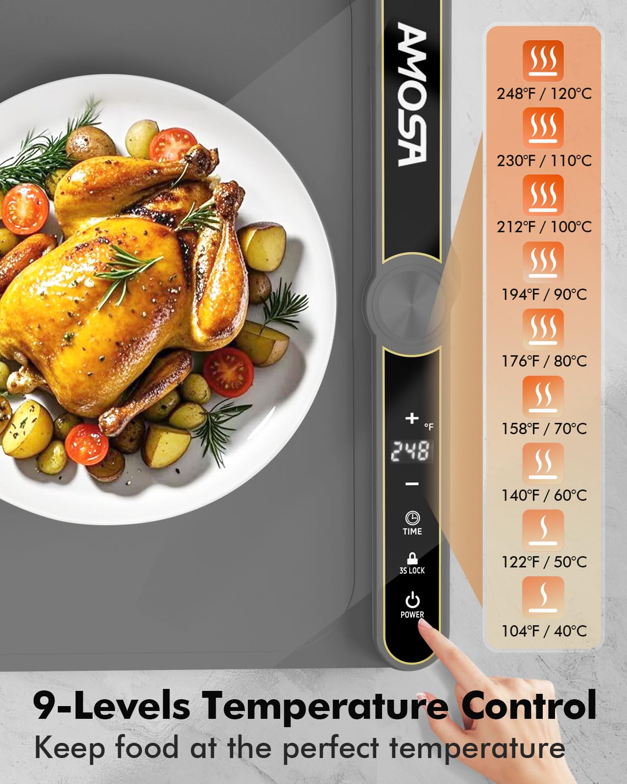 Warming Mat for Food, Fast Heating Electric Food Warmer with 9 Level Temperature and 6 Hours Timer, Extra Large Roll Up Silicone Food Warming Mat, Portable Warming Trays for Buffets Party (Grey)