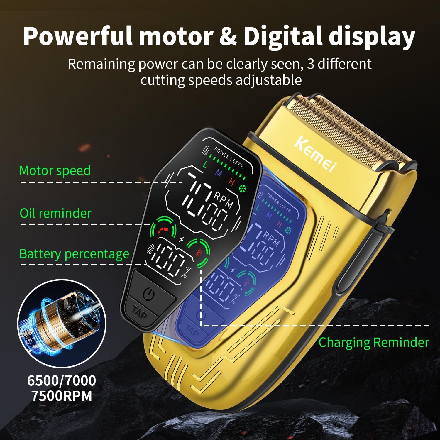 KEMEI KM-T360 Professional Foil Shaver, Barber Shaver with LED Display, Electric Razor for Men USB-C Rechargeable, Wet & Dry Electric Shaver with Detachable Dual Blades