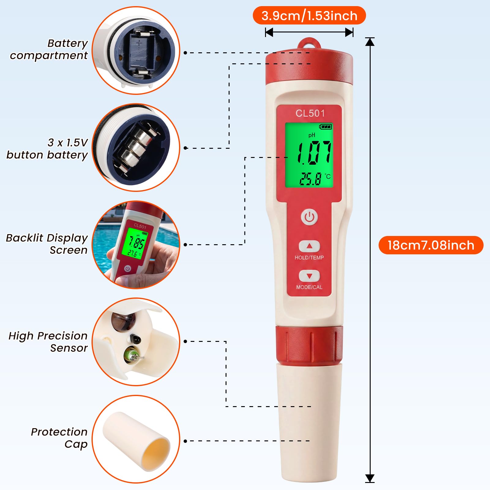 PH Chlormessgerät Pool Digitales Wasserqualität Tester, 5 in 1 PH/Chlor/ORP/H₂/Temp Messgerät mit pH Teststreifen und LCD-Display für Trinkwasser Spa Aquarium Hidroponik Hydrokultur
