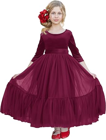 LalaMira Flower Girl Dress Girls Velvet Dress Fall Winter Toddler Tulle Princess Dresses for Wedding Christmas Party