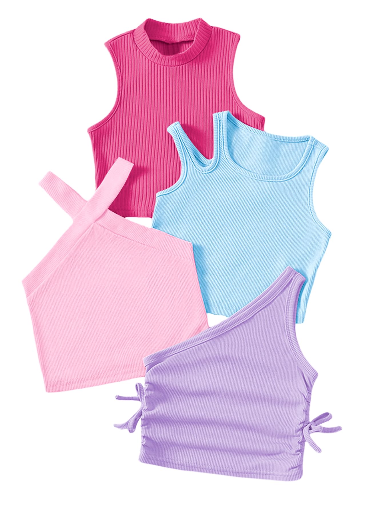 OYOANGLE Toddler Girl's 4 Pack Ribbed Knit Crop Tank Tops Summer Camisole | One Shoulder, Crewneck, Cut Out, Sleeveless, Cute, Summer Casual, Crop Tops for Kids