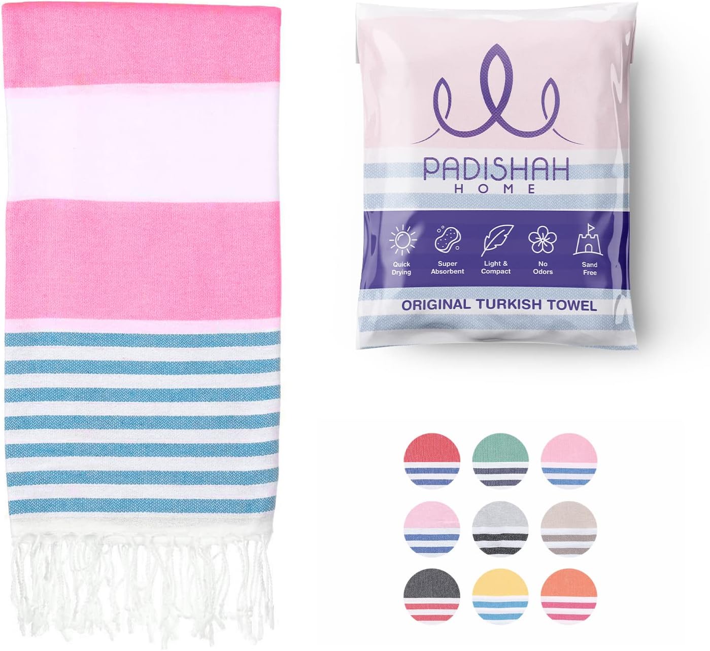 Turkish Beach Towel Oversized 38x71 | 100% Turkish Cotton Sand Free Quick Dry Towel Extra Large Cabana Stripe Turkish Towel Lightweight Towel Beach Essentials - Fuchsia/Turquoise
