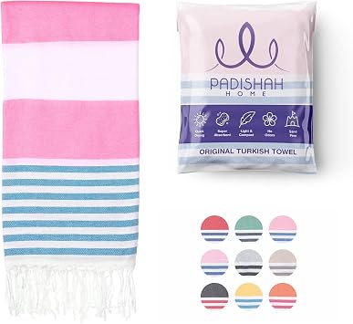 Turkish Beach Towel Oversized 38x71 | 100% Turkish Cotton Sand Free Quick Dry Towel Extra Large Cabana Stripe Turkish Towel Lightweight Towel Beach Essentials - Fuchsia/Turquoise