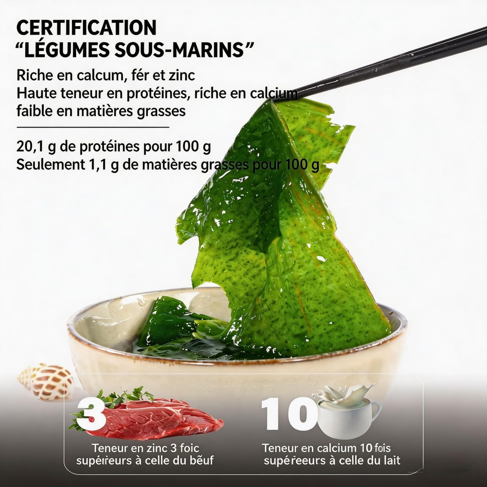 TraiHuyan Algues Wakame Séchées 100g, Algues Marines Premium pour Soupe Miso & Salade d'Algues - 100% Naturel, Vegan & Faible en Calories - Préparation Rapide,