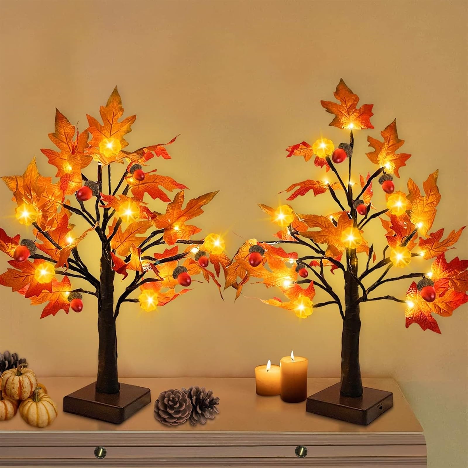 THE WHITE SHOP 2PCS 18 Inch Prelit Fall Maple Tree with 48 LEDs Timer Battery Operated Lighted Pumpkins 6 Acorns Tabletop Artificial Autumn Fall Tree for Thanksgiving Decor Halloween Harvest