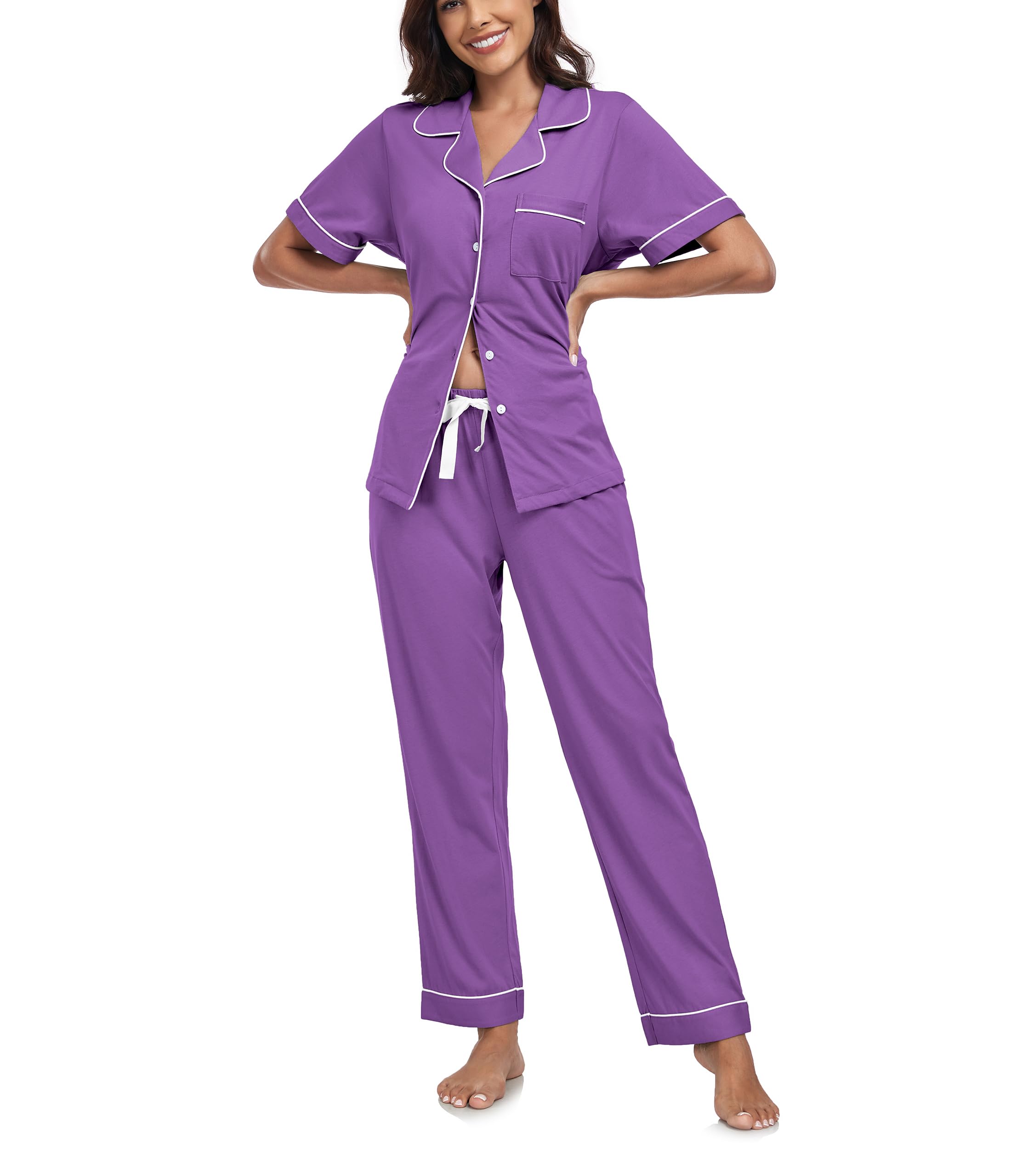 COLORFULLEAF Schlafanzug Damen mit Knopfleiste 100% Baumwolle Kurzarm Pyjama Set Zweiteiliger Oberteil und Pyjamahose Nachtwäsche