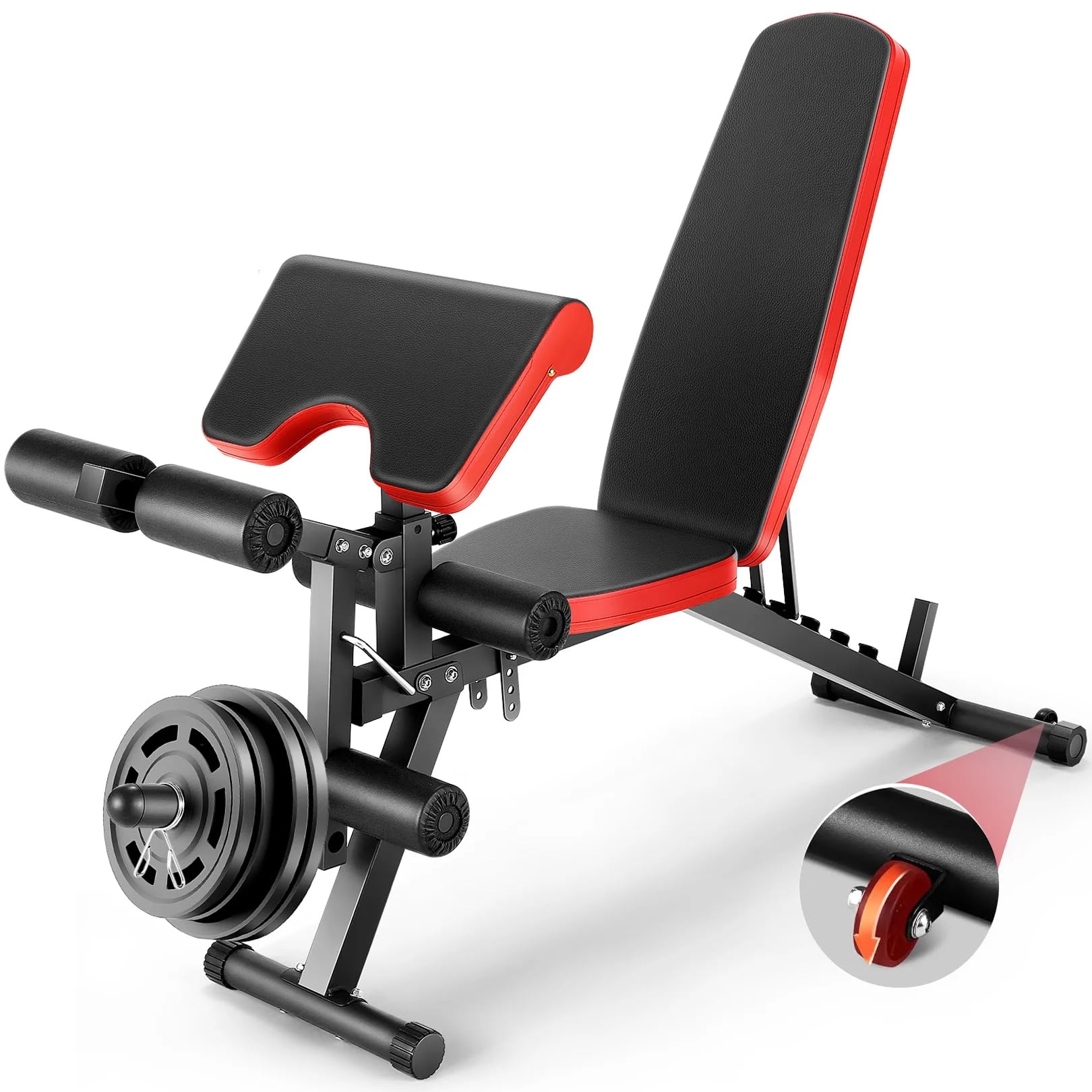Adjustable Weight Bench with Leg Extension and Leg Curl, 800LBS Workout Bench Press with Preacher Pad & Wheels, Olympic Weight Bench Set for Home Gym Full Body Exercise Fitness