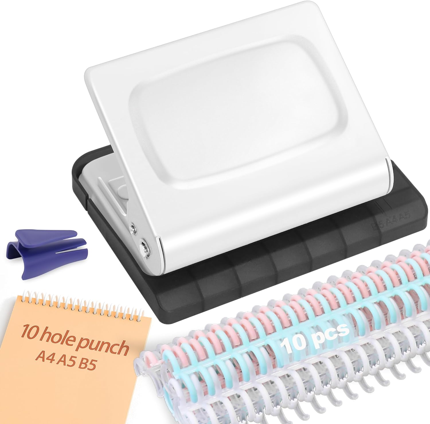10 Hole Punch Binding Machine for Planners with 10 Multi-Color Binder Rings, 30 Holes on A4, 20 Holes on A5, 26 Holes on B5, 10 Sheet Capacity (White)