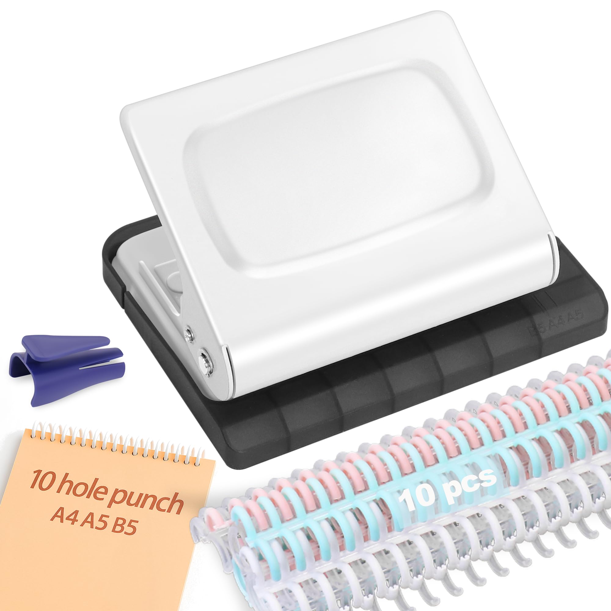 Photo 1 of Hoqqf 10 Hole Punch Binding Machine for Planners with 10 Multi-Color Binder Rings, 30 Holes on A4, 20 Holes on A5, 26 Holes on B5, 10 Sheet Capacity (White)