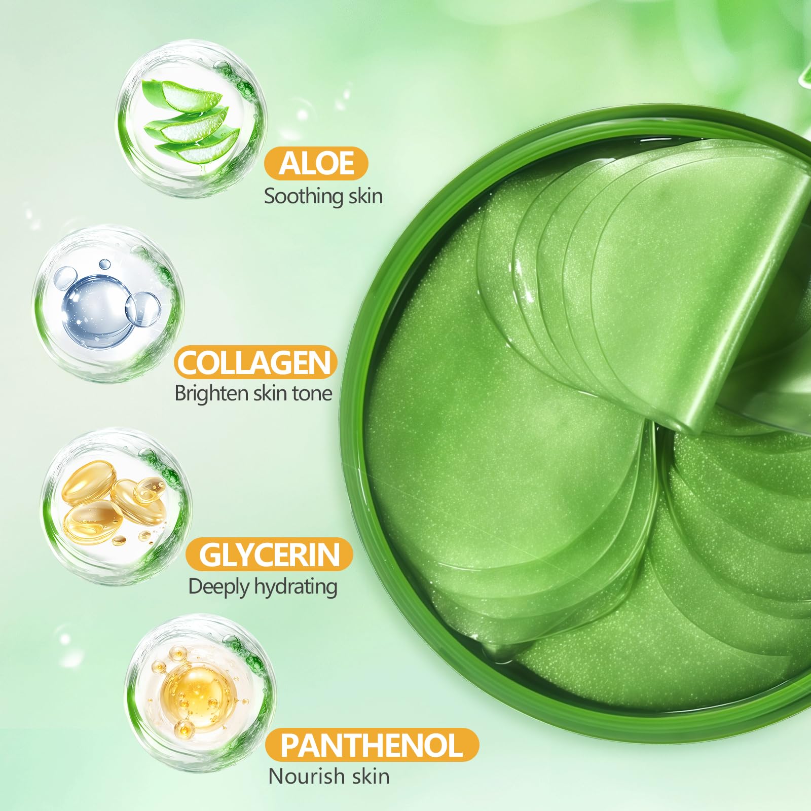 60 Pièces Aloe Patch Yeux, Patch yeux Acide hyaluronique Collagène, Eye Mask pour éclaircir et l'hydratation, Réduit les Cernes,Poches,Pattes d'Oie et Rides