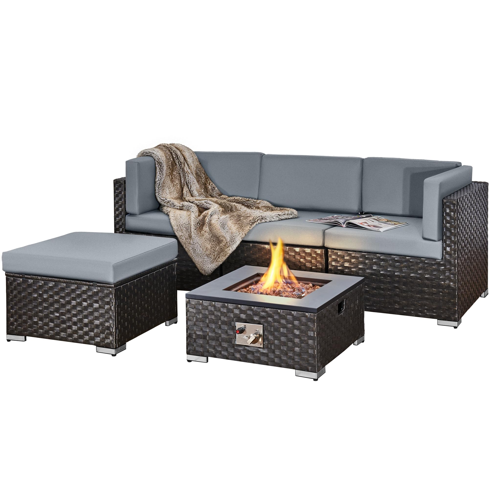 Aweather 4 Seater Corner Rattan Garden Furniture Set with Fire Pit Table