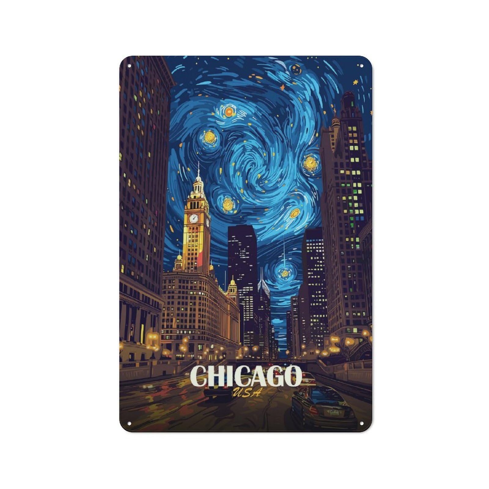 Junmoney Style-7 Metal Wall Plaque With Chicago Starry Night Cityscape Design 30X20cm, Simple Retro Studio Wall Plaque For Hobby Room, Office, Lounge Or Living Room
