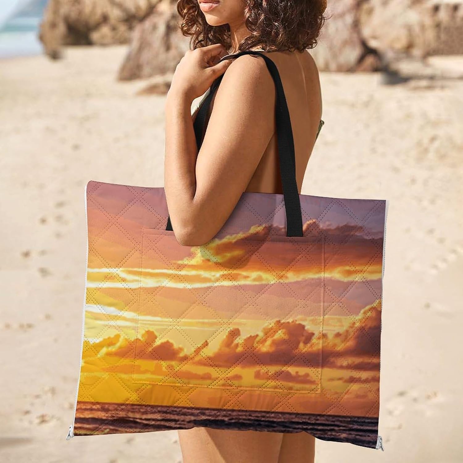 Picnic Blankets Waterproof and Foldable Picnic Beach Mat Portable Beach Sunset Waves Camping Blanket for Camping, Park, Beach
