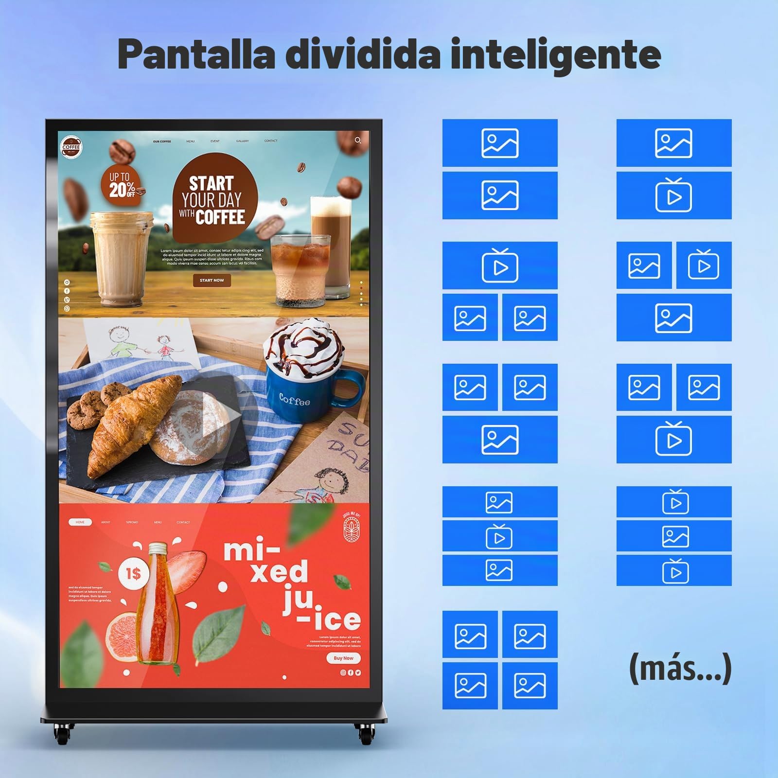 Pantalla Publicidad, LCD Señalización Digital, Automática Monitor Vertical Portátil para Tienda, Restaurante, Centro Comercial, Compatible con USB/WiFi/HDMI, Android OS, 75 Pulgadas