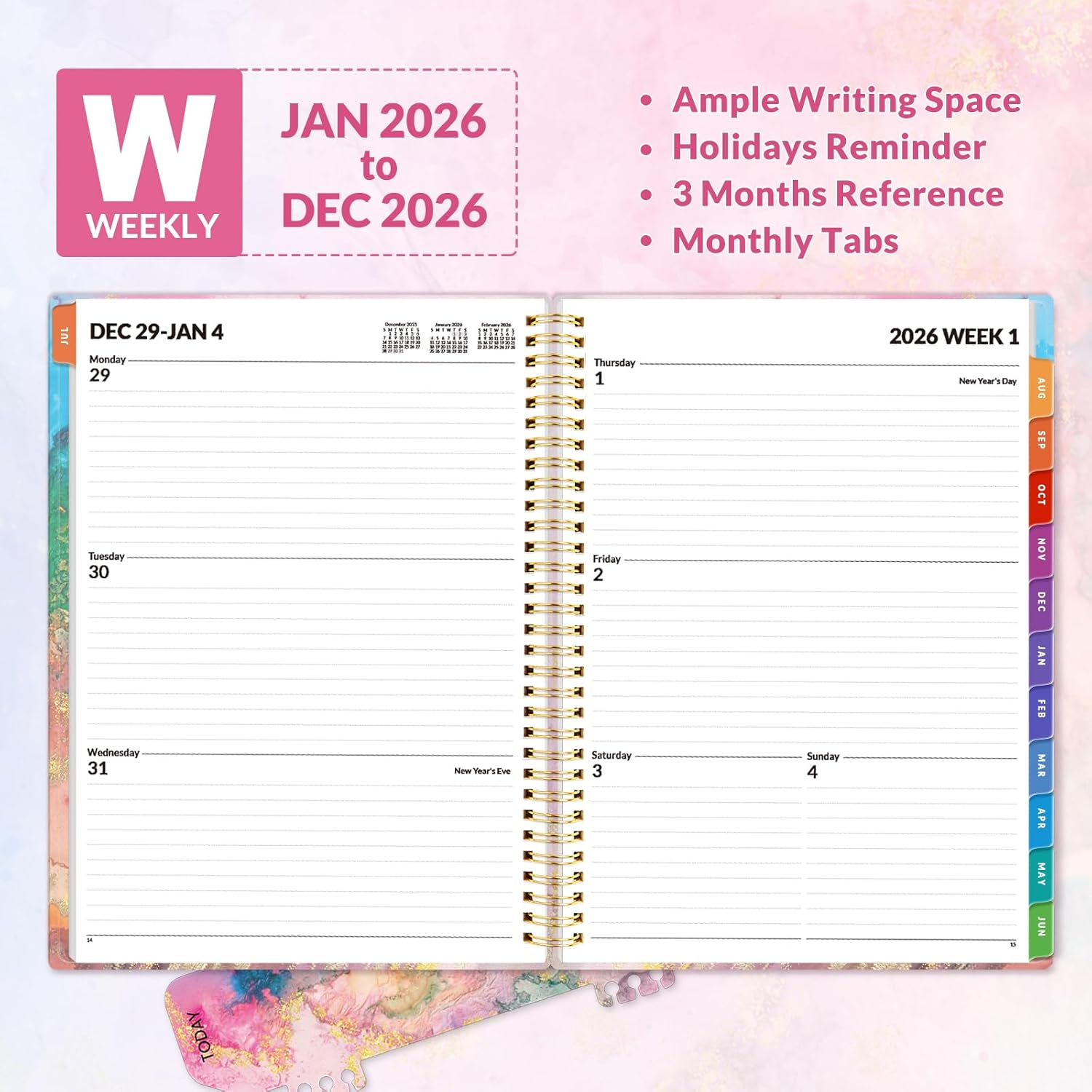 SUNEE 2026 Weekly and Monthly Planner - from January 2026 - December 2026, Daily Agenda Planner with Monthly Tab, Flexible Cover, Note Pages, Pockets, Bookmark, Spiral Binding, Pink Marble, 8.5"x11" - Image 3