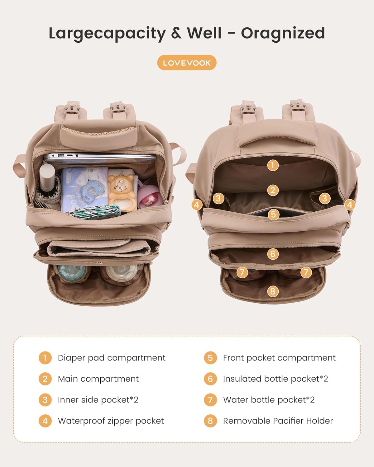 LOVEVOOK Diaper Bag Backpack, Baby Bag with Changing Pad for Mom Dad, Large Waterproof Mommy Bag with Stroller Buckles, Travel Essential with Pacifier Case & Insulated Bottle Pockets, Khaki - Image 4