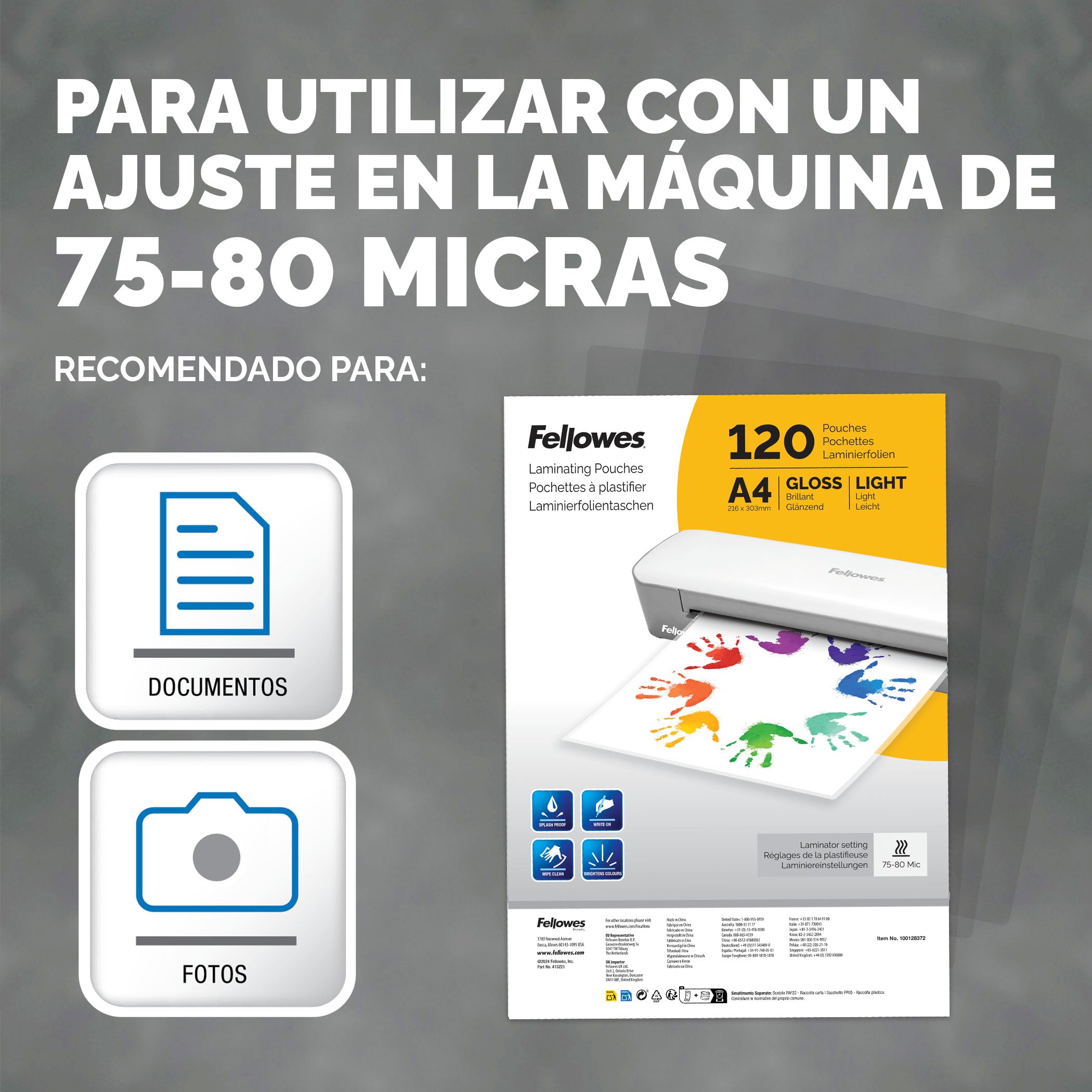 Bundle of Fellowes Sola A4 - Plastificadora de documentos, para uso ocasional, plastificadora A4 con apagado automático, 80-125 micras + Fellowes Pack de 120 fundas de plastificar A4, Acabado brillo