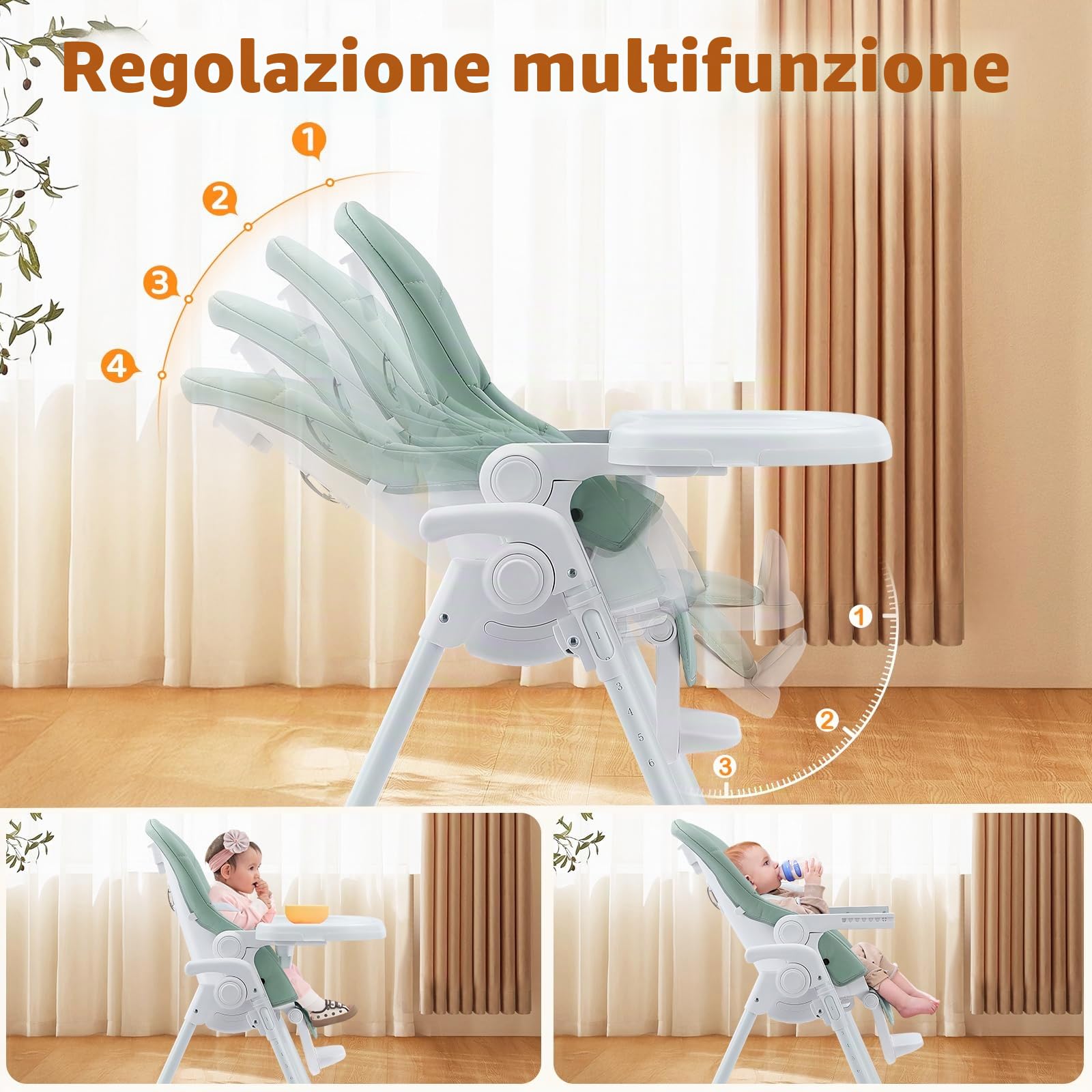 Ezebaby Seggiolone Bambini Ergonomico, Confortevole, Reclinabile, Pieghevole, con Altezza Regolabile e Poggiapiedi, Vassoio Staccabile con Ruote e Cintura di Sicurezza a 5 Punti Verde | 7 altezze, schienale reclinabile, doppio vassoio, cintura a 5 punti,