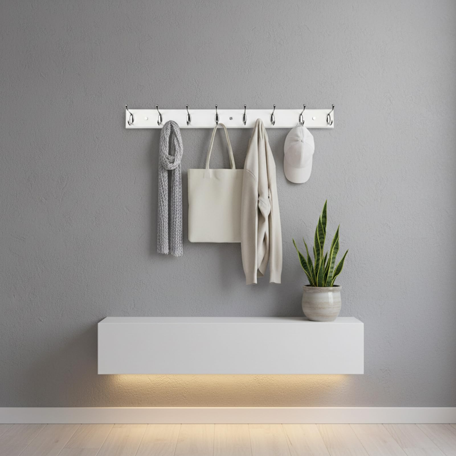 Perchero de pared de madera con 8 ganchos, 80cm, fuerte perchero para abrigo, sombrero, bolso, perchero grande y moderno para la entrada, pasillo, dormitorio, color blanco
