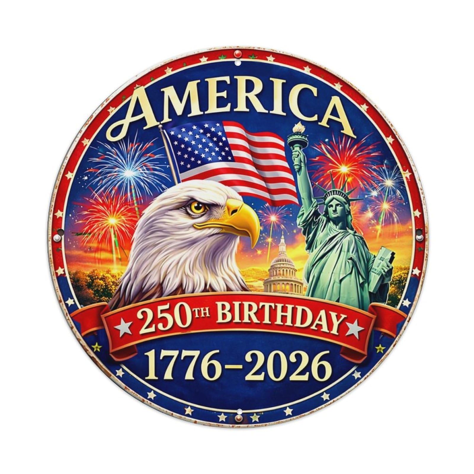 America 250th Birthday Eagle Statue Tin Sign Metal Poster Vintage Metal Signs for Home Man Cave Bar Cafe Kitchen laundry room Wall Decorations 8x8 inches