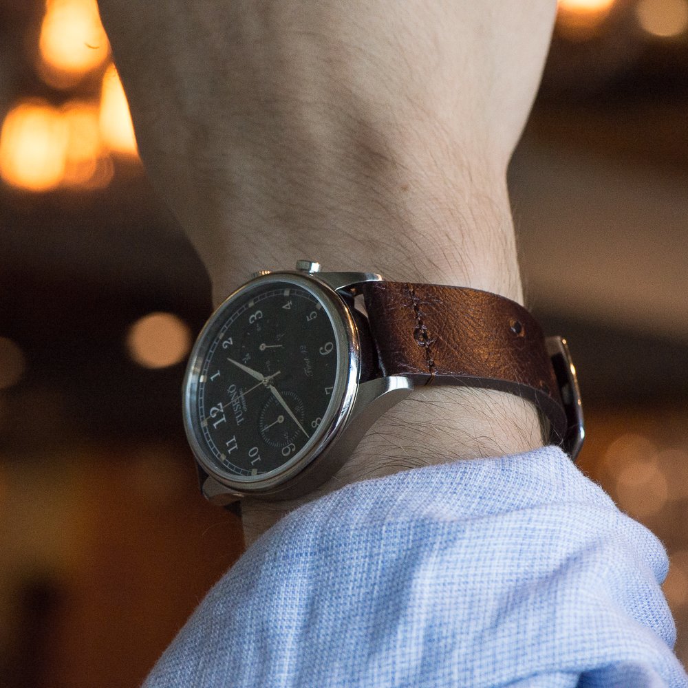 Clockwork Synergy® - 2- Piece Ss Premium Ostrich Grain Leather Watch Band 20mm - Brown - Interchangeable Replacement Watch Straps