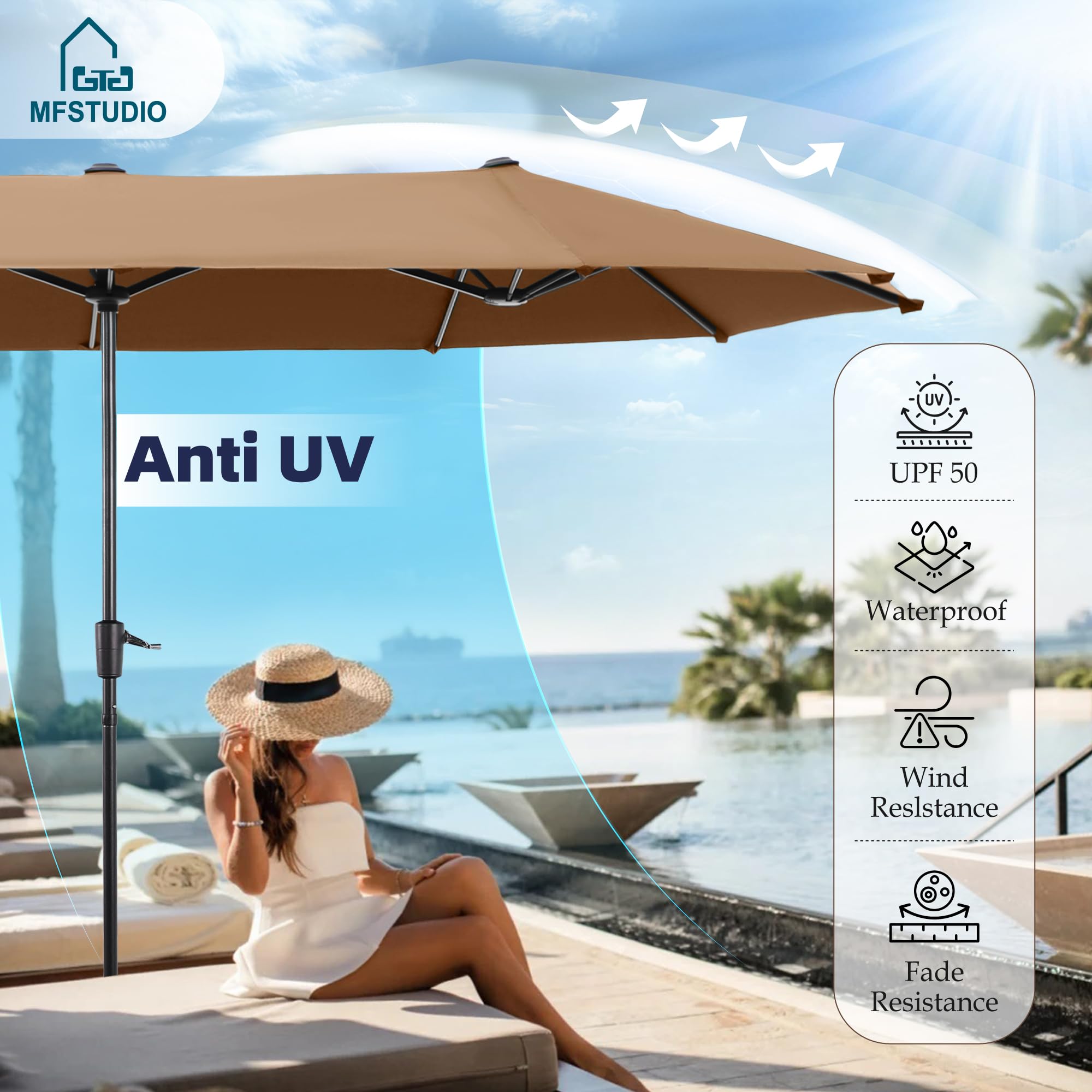 MFSTUDIO 13FT Double-Sided Outdoor Patio Umbrella, Large Rectangular Market Table Twin Umbrellas with Crank Handle for Backyard Deck Pool, Coyote Tan