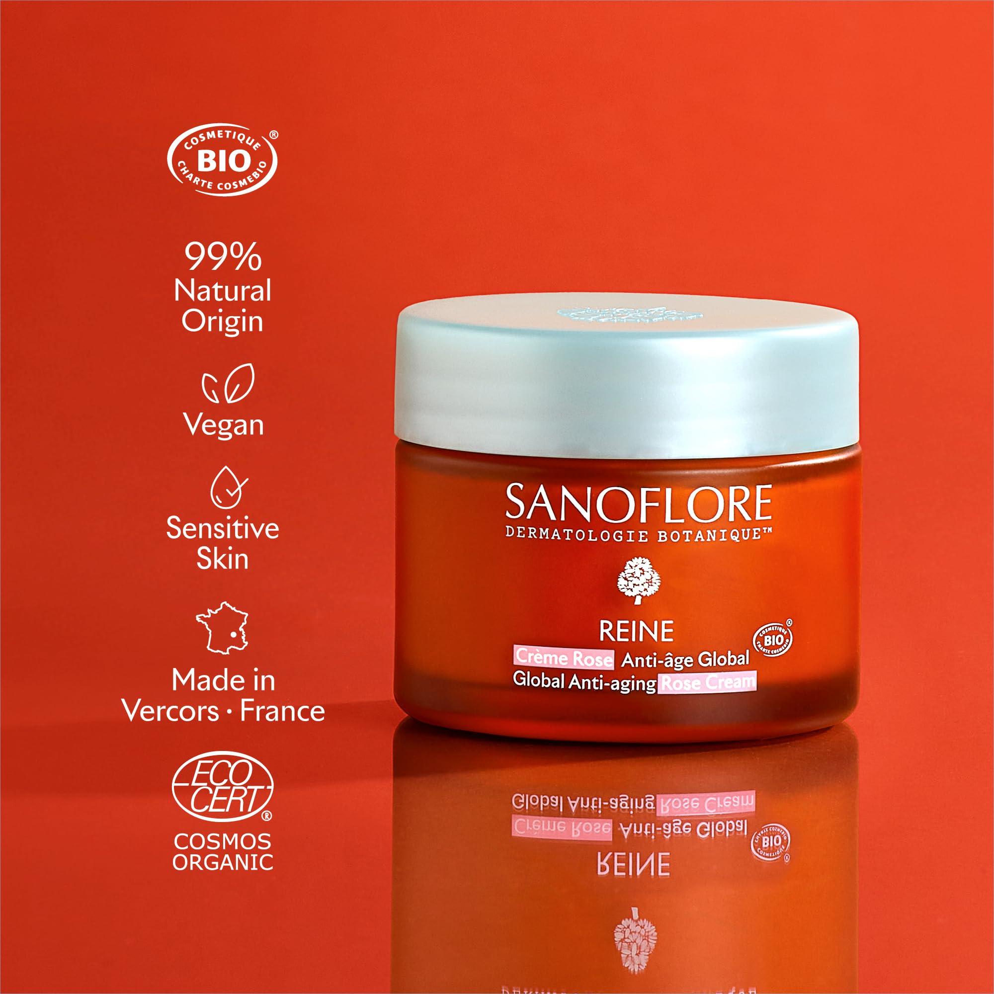 Sanoflore REINE Crème Rose Anti-âge Global Bio, régénère la peau et booste l'éclat, 50ml