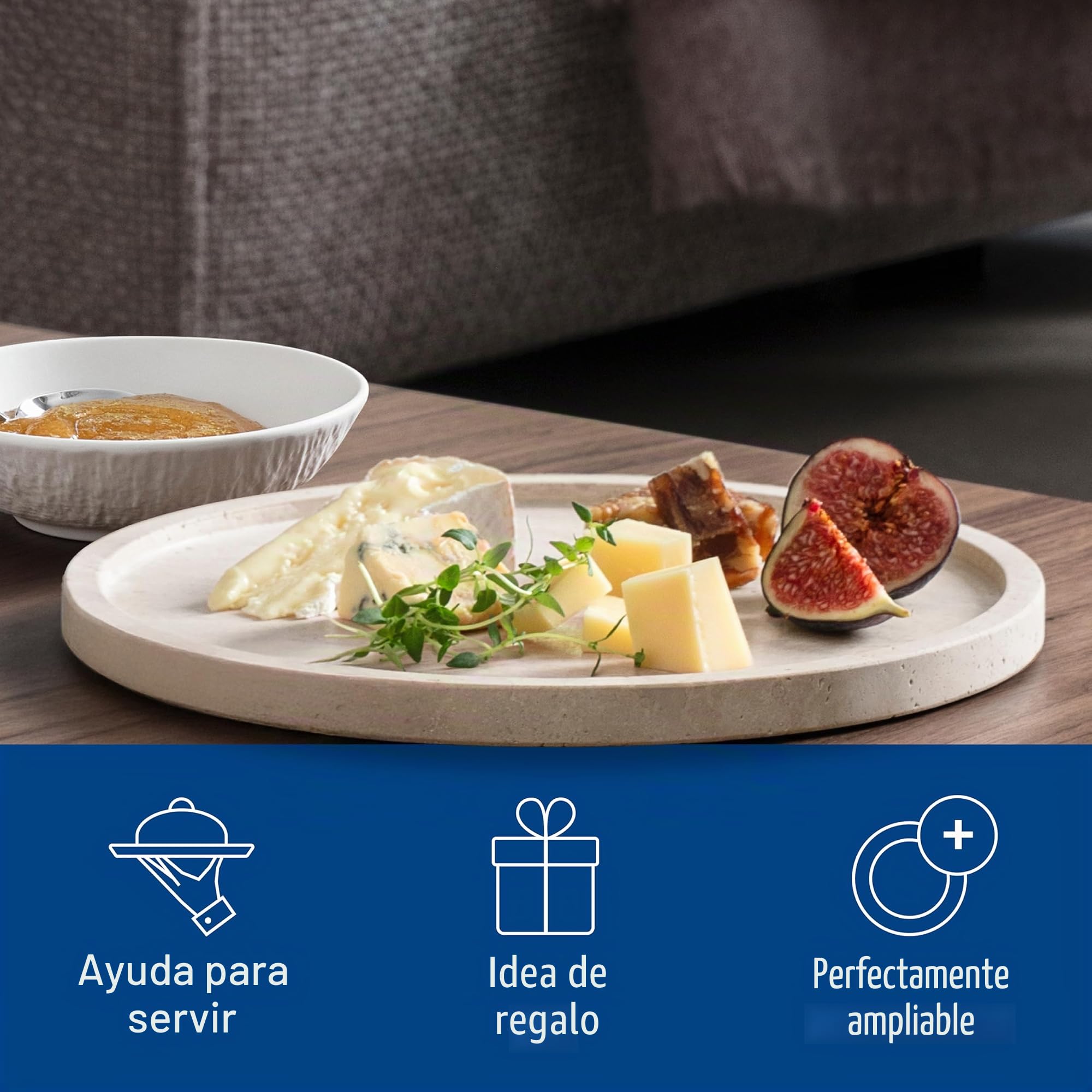 Villeroy & Boch - Manufacture Travertine, plato para servir beis, hecho a mano, diseño elegante de piedra natural en tonos arena, plato de piedra, vajilla de travertino