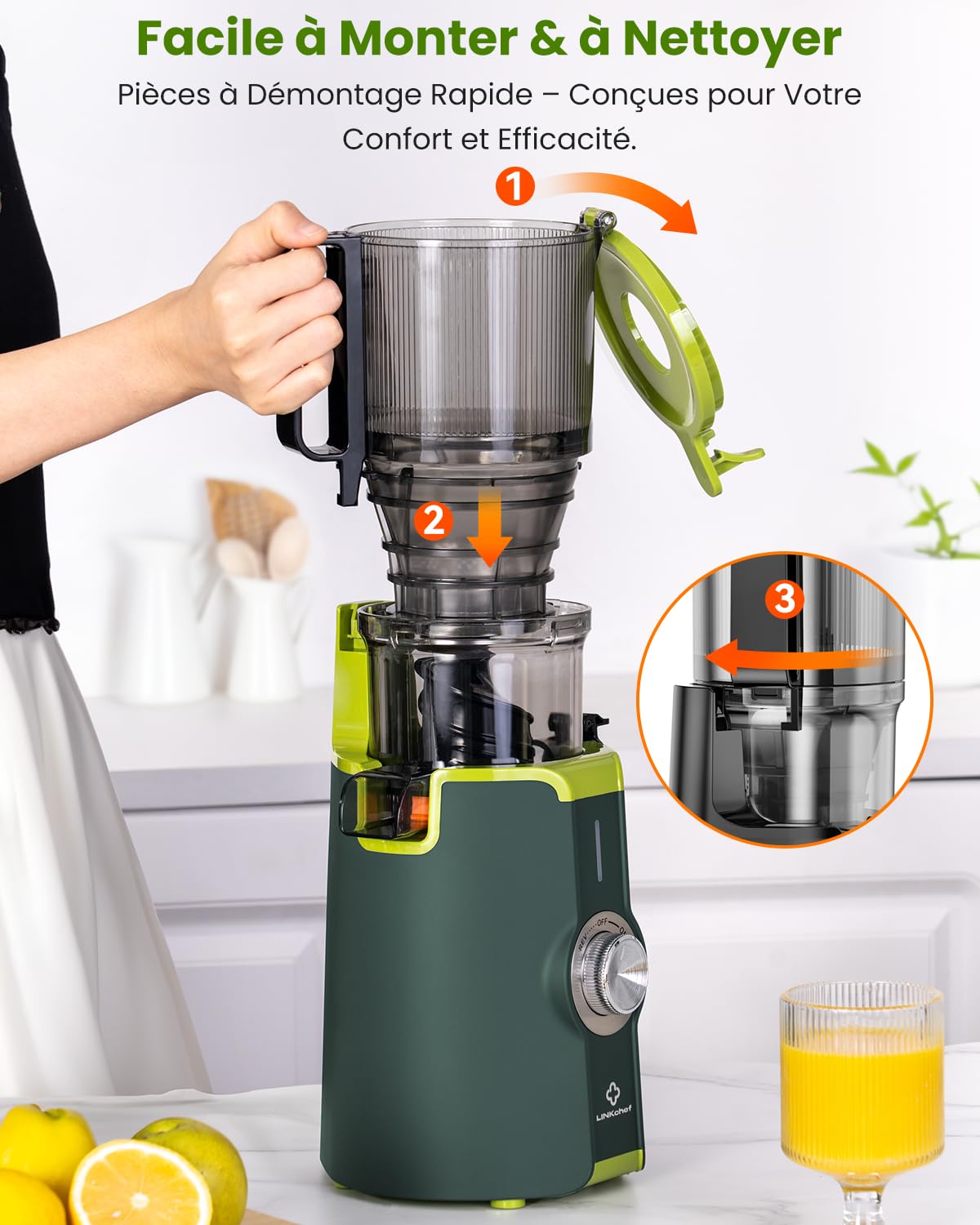 LINKChef Extracteur de Jus Vertical | Slow Juicer 200W | Goulot Large 115 mm pour Fruits & légume Entiers | Avec Livre de Recettes, Nettoyage Facile, Sans BPA, Vert