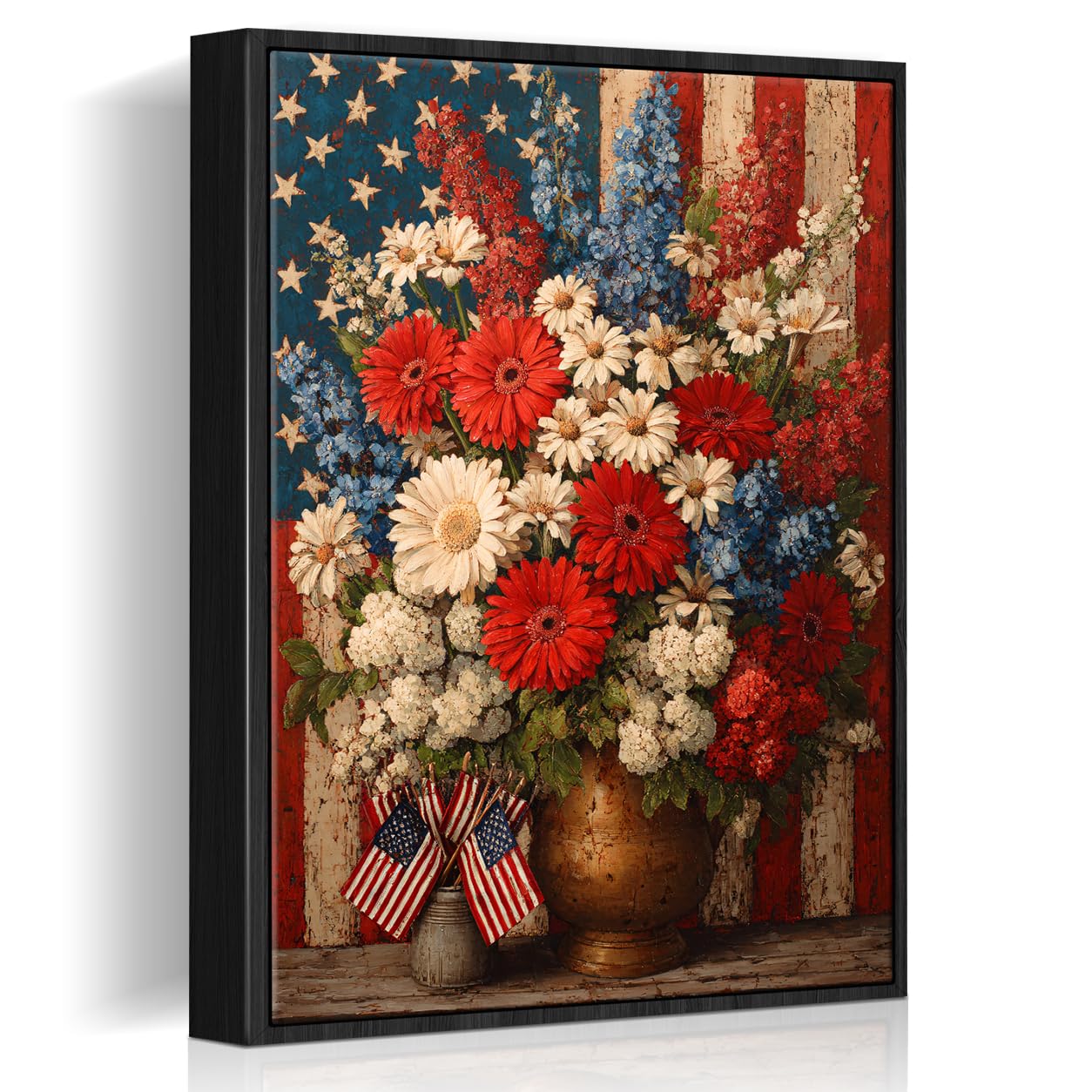 American Flag Framed Canvas Wall Art, 4th of July Floral Canvas Prints
