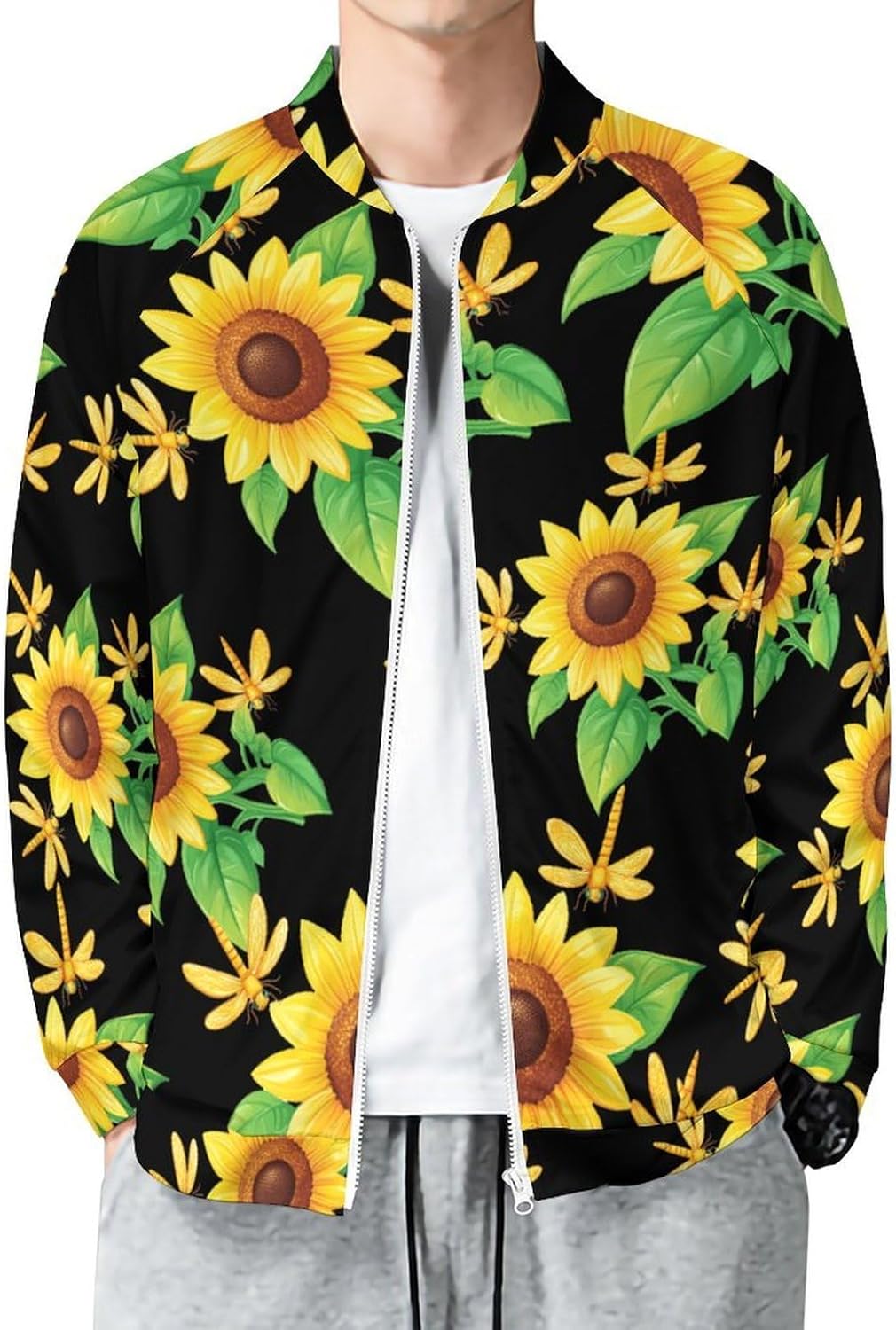Dragonfly Sunflower Men's Zip Up Sweatshirt Casual Sweater Jackets Long Sleeve Tops Lightweight Coat