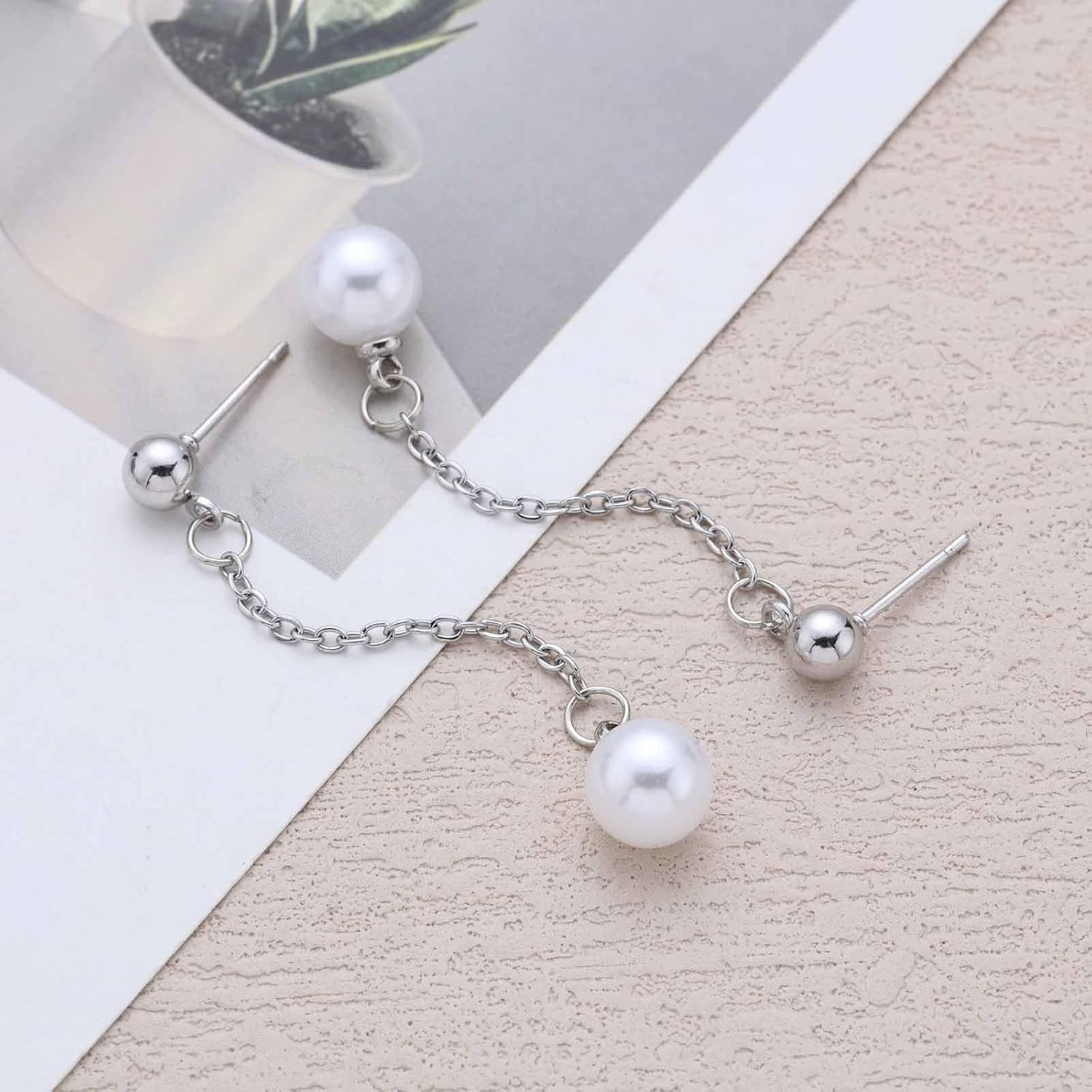 Vintage Long Chain Pearl Earrings Wedding Pearl Drop Earrings Small Round Single Pearls Dangle Earring Minimalist Long Tassel Tiny Ball Bead Studs Earring Jewelry for Women - Image 4