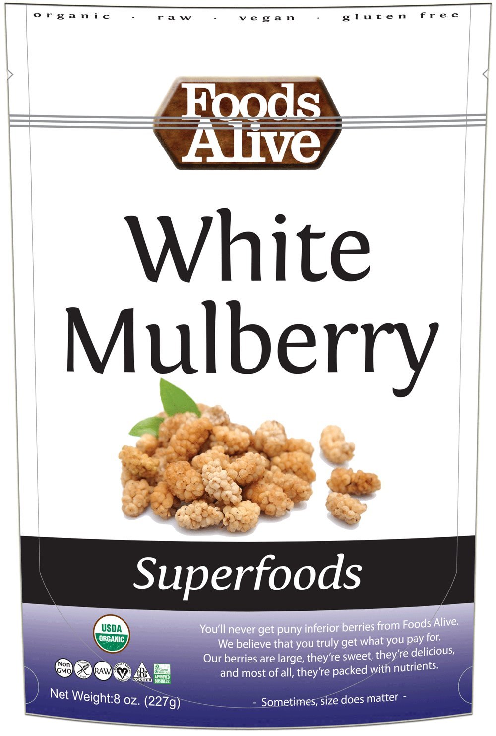 Foods Alive Organic White Mulberries, Dried, 8 oz (227 g)