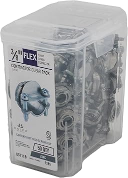 Halex 3/8 in. Clamp Type Connector. Fitting for Flex, NM, AC, and MC Cable UL Listed and NEC Compliant. Fit for Standard 1/2 in. knockouts. Zinc Die Cast Combination Fitting in 50-Pack 05711B