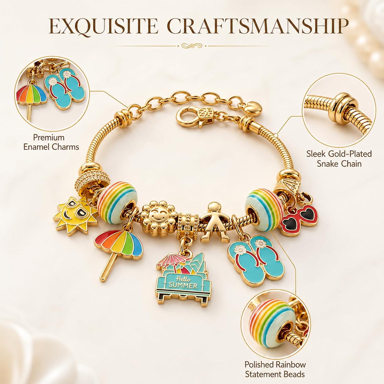 Boho Gold Bracelets for Women, Snake Chain Summer Bracelets with Flip Flop Charms & Rainbow Beads, Cute Beachy Bracelets, Chunky Beach Bracelets for Women, Cute Beach Accessories for Women