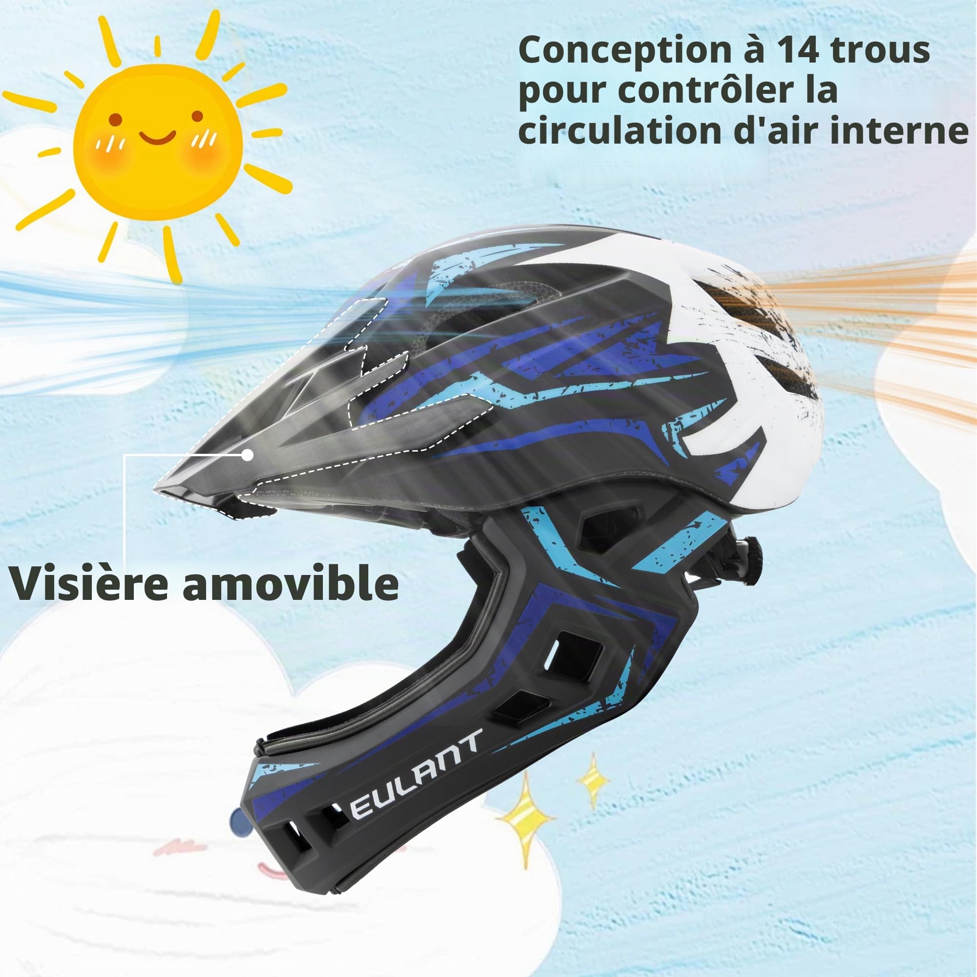 EULANT Casque Integral VTT pour Enfants,Casque Enfant avec Mentonniere pour Vélo BMX Moto Hoverboard,Poids Léger & Amovible