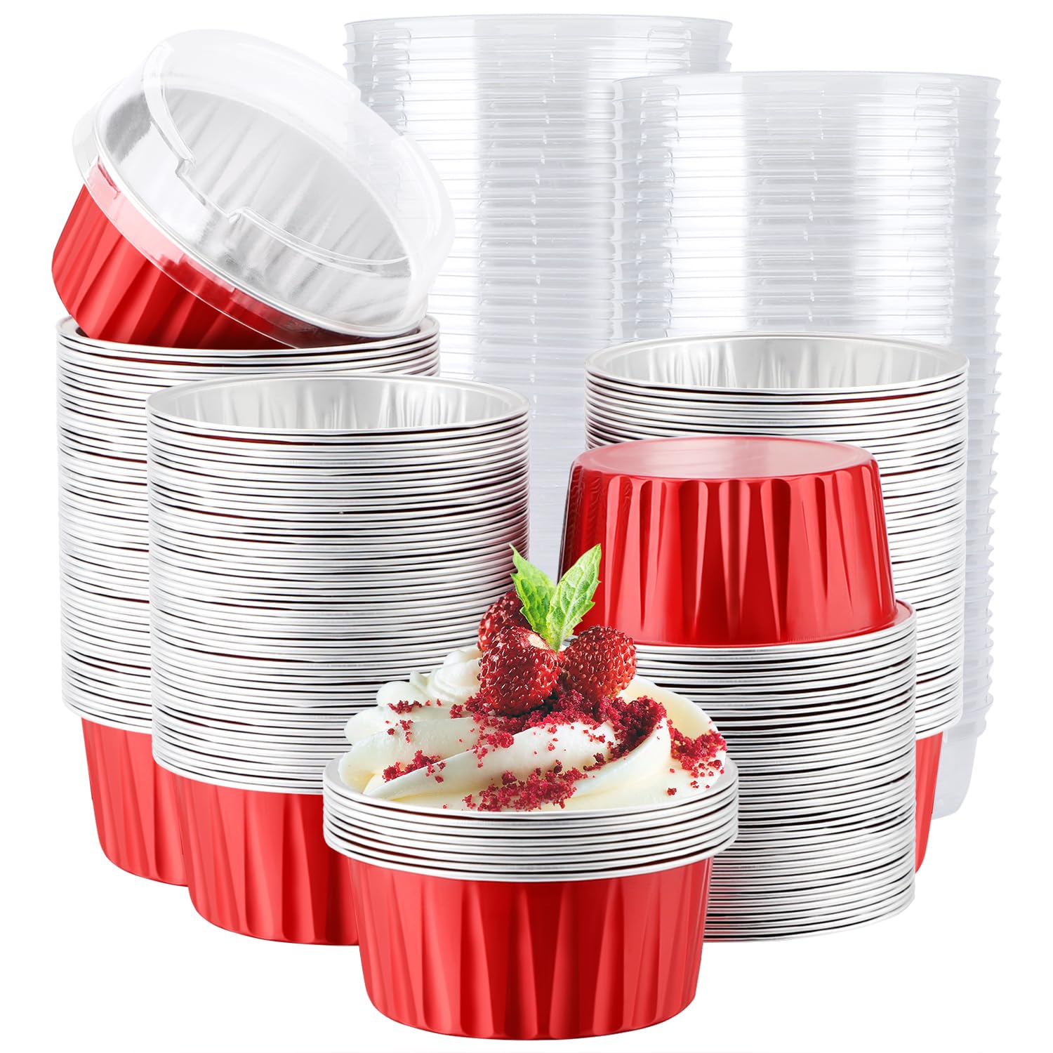 EUSOAR Mini moldes para tartas con tapas, 200 vasos de aluminio desechables de 5 onzas con tapas para postre de pastel de queso y flan de crema brulee, mini recipiente de aluminio para hornear para