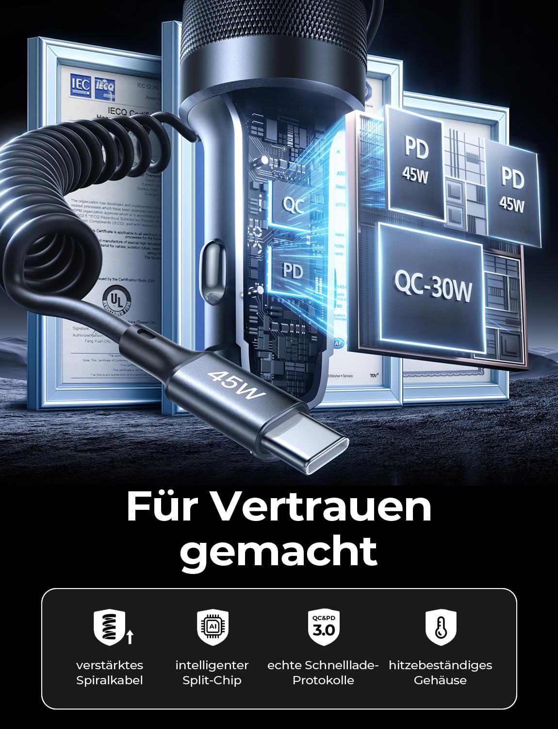 LISEN 90W USB C Auto Ladegerät Zigarettenanzünder, mit PD 45W USB C Spiralkabel, Hält den Auto Deko Innenraum ordentlich, Ideal zum Schnellladen 4 Geräten, für iPhone 17 Pro Max, MacBook Neo, Android