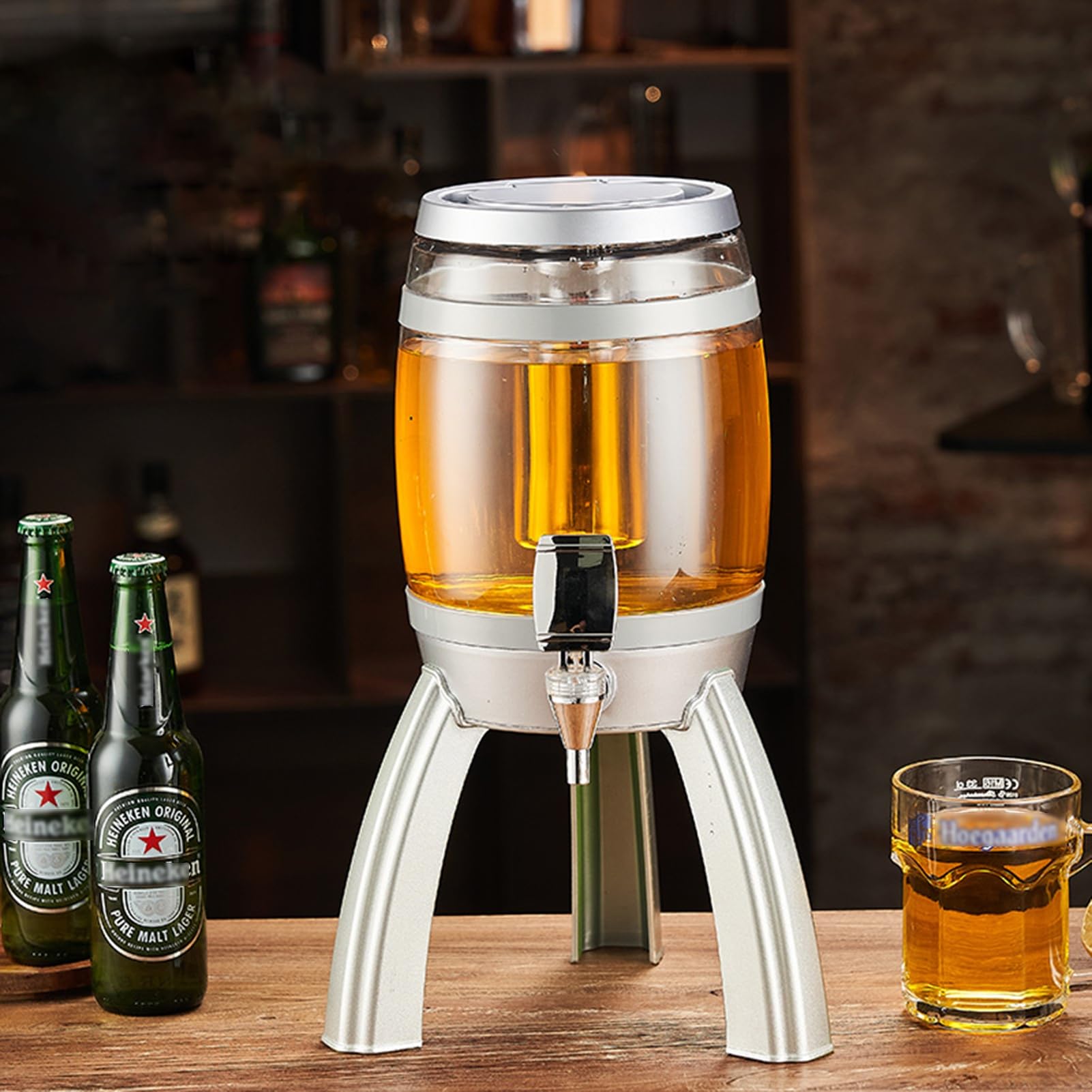 UrbanUp Dispensador de Cerveza Torre de Cerveza con Soporte Desmontable, Dispensador de Bebidas para Mimosa, Torre de Bebidas de 3 L para Mimosa, Enfriador de Bebidas Transparente y Brillante(Silver)