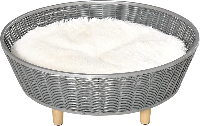PawHut Wicker Dog Sofa PE Rattan Cat Bed Elevated Pet Bed Hand Woven with with Washable Soft Cushion Indoor Outdoor Use, for Small Medium Sized Dogs