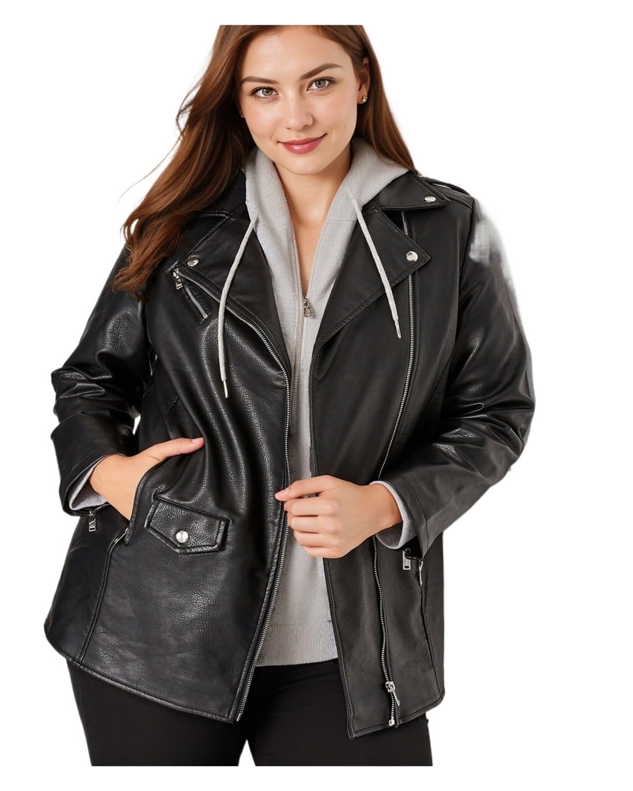 Chaqueta Cuero Mujer PU Leather Zipper Jacket Casual Long Sleeve Lapel Para salir