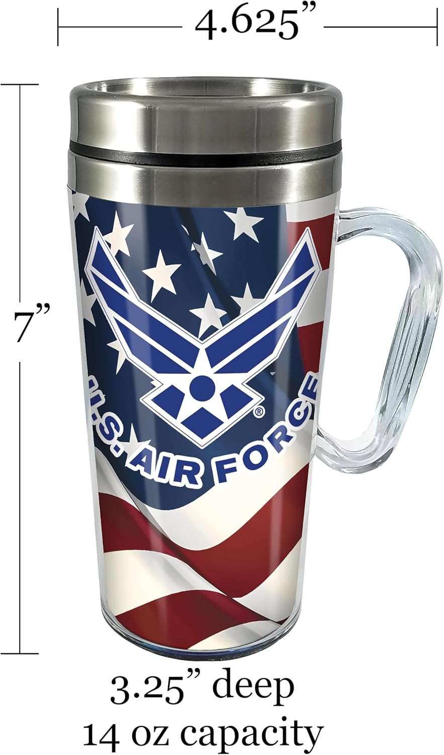 Spoontiques Insulated Travel Mug, 14oz - Double Wall Stainless & Acrylic Drink Cup with Twist Top Lid & Handle - US Air Force