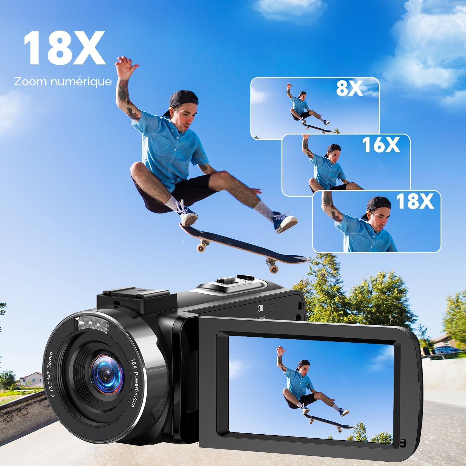 Caméscope 4K 42MP avec Zoom 18x Écran Rotatif 3 Pouces 270° Lumière LED Fonction Webcam 2 Batteries Carte SD 32GB Télécommande