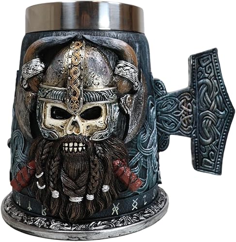 Ebros Gift Mitología nórdica gótica vikinga cráneo Ragnar Danegeld Warrior con casco de cuernos taza de café con martillo runa mango de nudos, taza disponible en Yaxa Peru