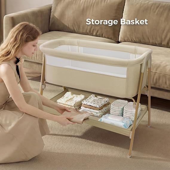 Uuoeebb Baby Bassinet, Bedside Bassinet for Baby, 2-in-1 Bedside Sleeper with Mattress, Half-Mesh Breathable Design, 4 Auto-Lock Wheels, Storage Basket, Easy Assembly (Khaki)
