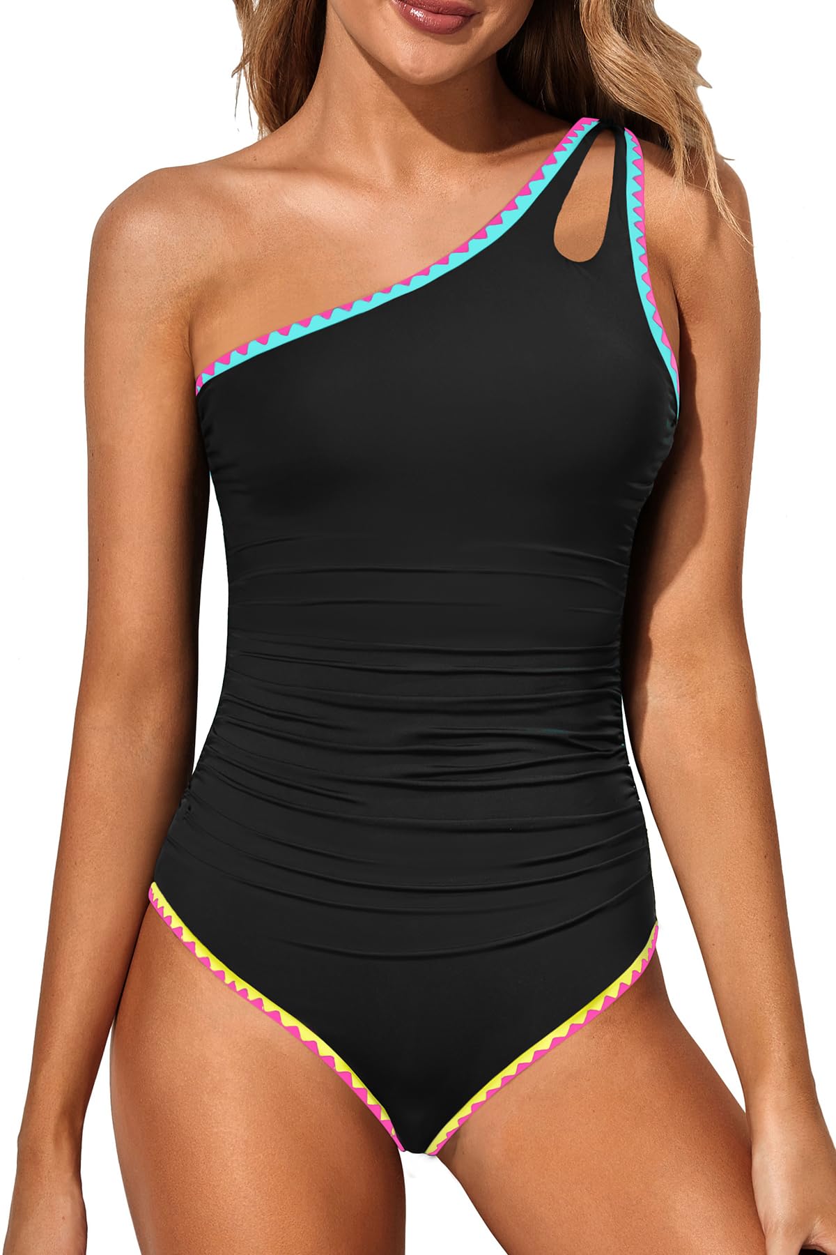 Women's One Shoulder One Piece Tummy Control Swimsuit Full Coverage
