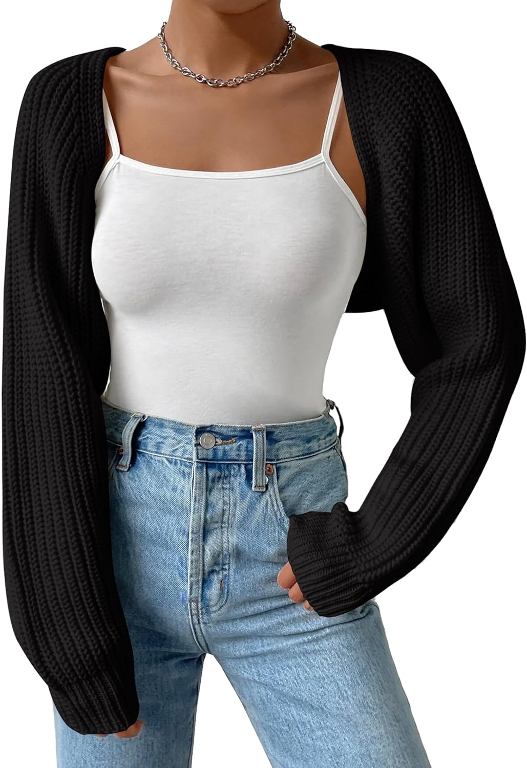 Women's Long Sleeve Open Front Knitted Crop Cardigan Drop Shoulder Knit Bolero Shrug Sweater