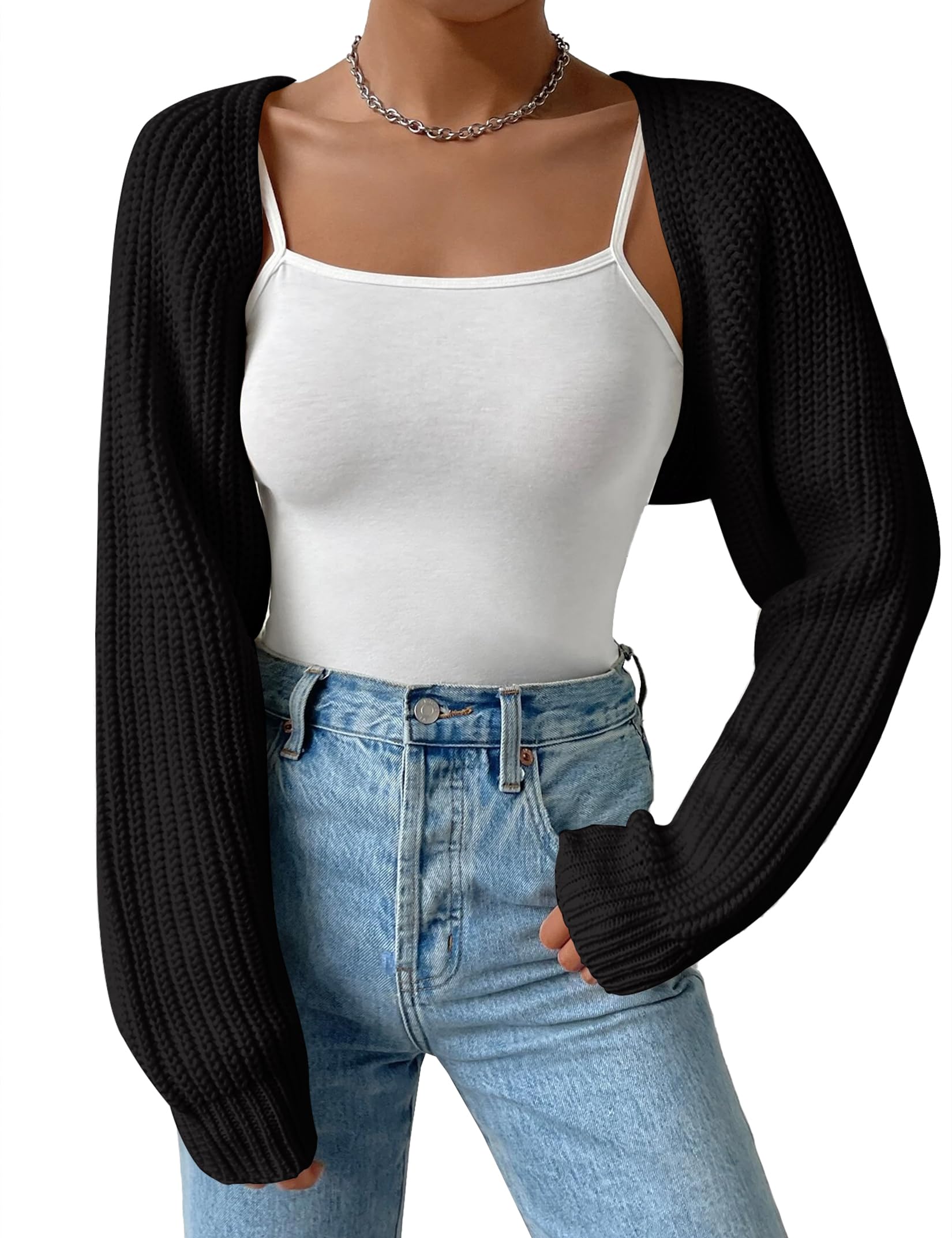 XuBa Bolero - Cárdigan corto para mujer, manga larga, color sólido, acanalado