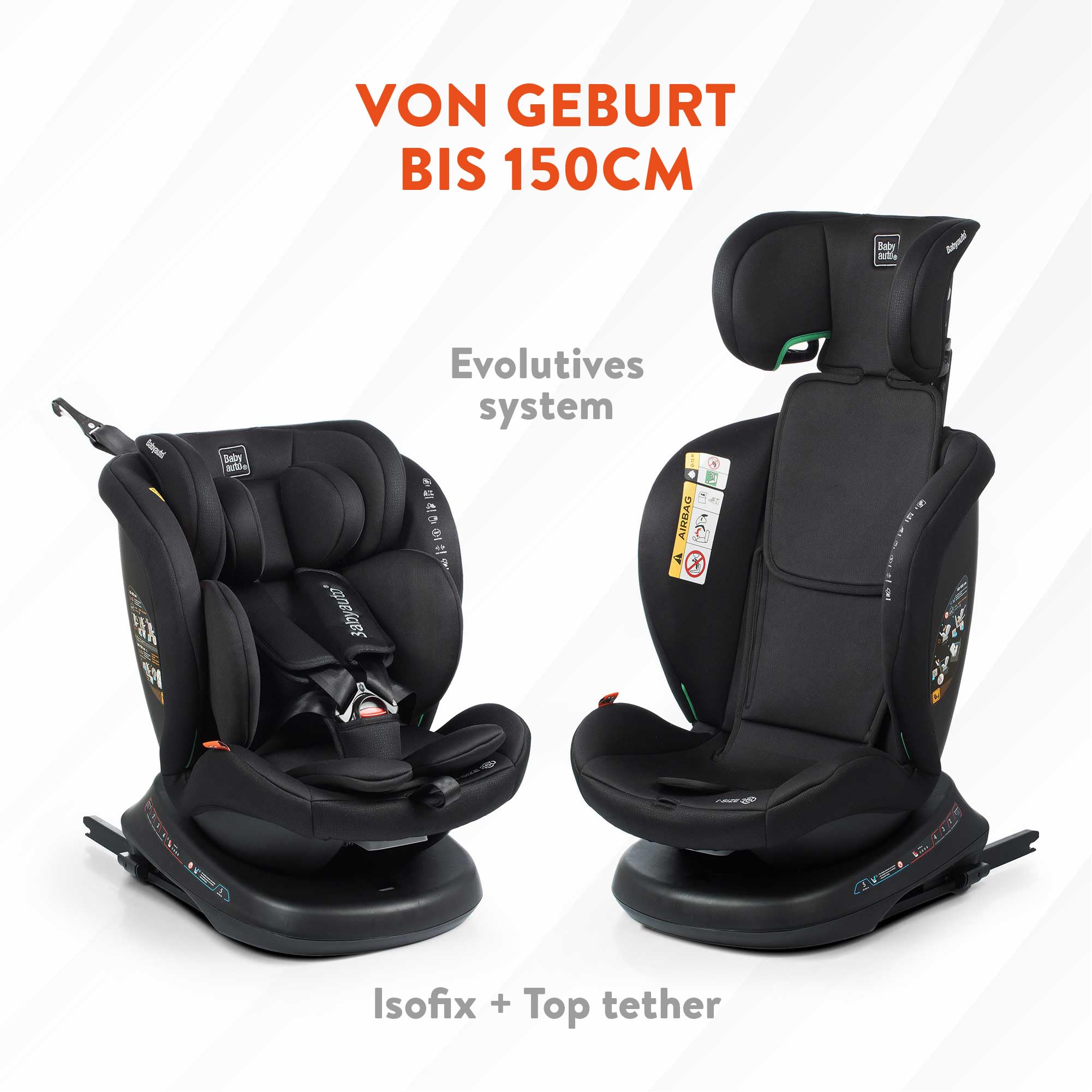 BABYAUTO - Autositz RODIA PLUS GR. 0+/1/2/3-40 - 150 cm – Alter: von Geburt bis 12 Jahre – 0 – 36kg – Rückwärtsgerichtet bis 18kg - Drehbar – ISOFIX- Top Tether (STONE GREY)